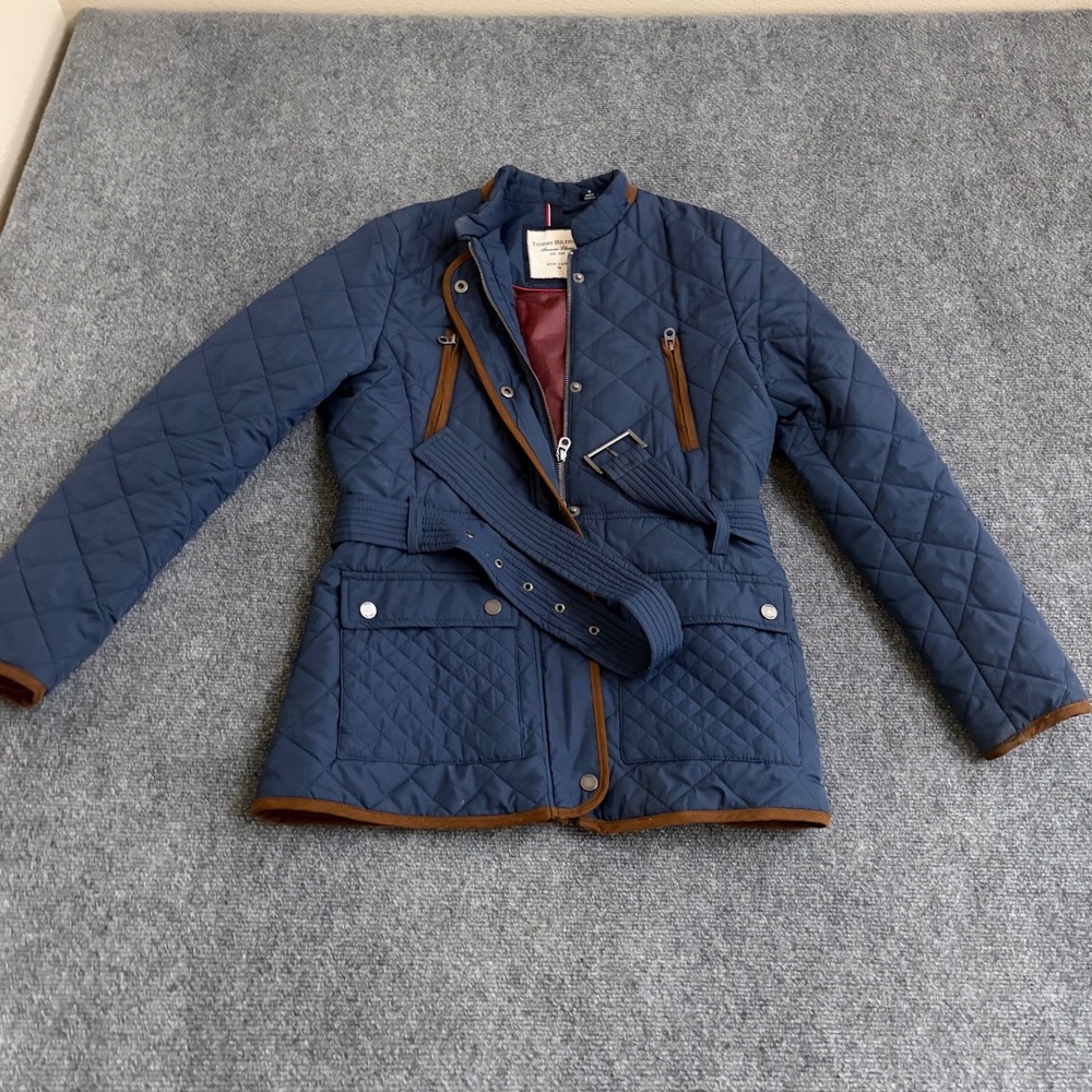 Tommy Hilfiger Navy Quilted Belted Barn Jacket Faux Suede Trim WCNT4002 Medium